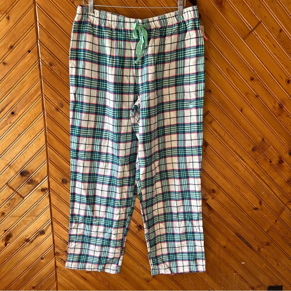NWT plaid flannel pajama pants turquoise pink and white large